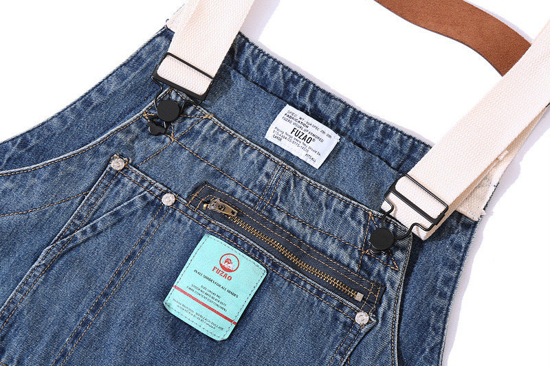 Men's Distressed Denim Multi-Pocket Overalls with Suspenders