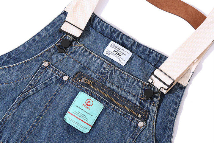 Men's Distressed Denim Multi-Pocket Overalls with Suspenders