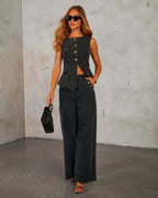 Women’s Denim Vest & Wide‑Leg Trousers Set Black Suit
