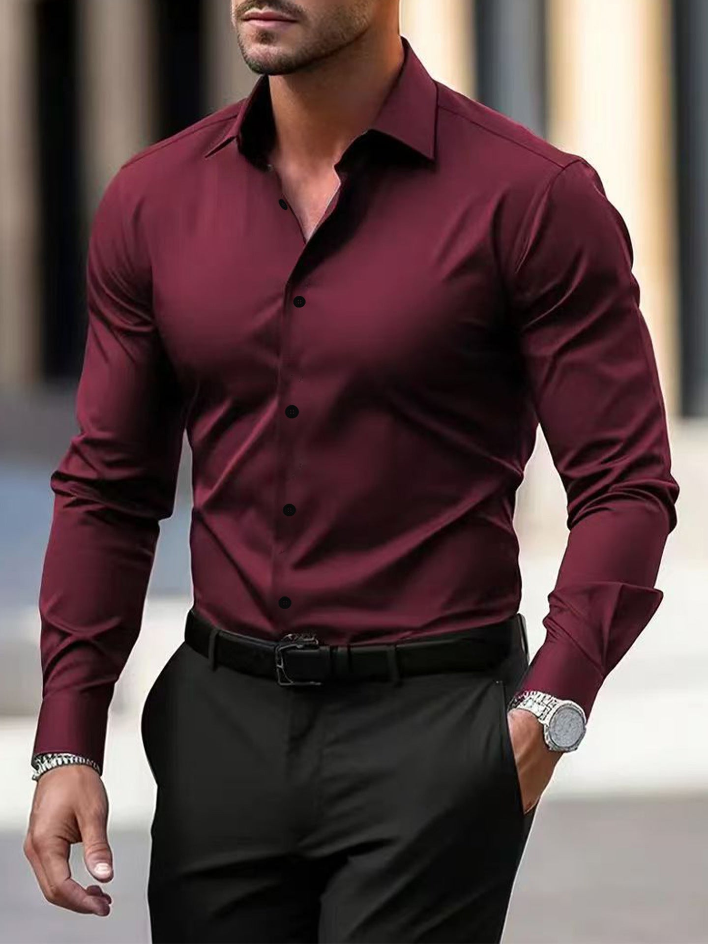 Men's Summer Solid Color Long Sleeve Lapel Shirt Wine Red