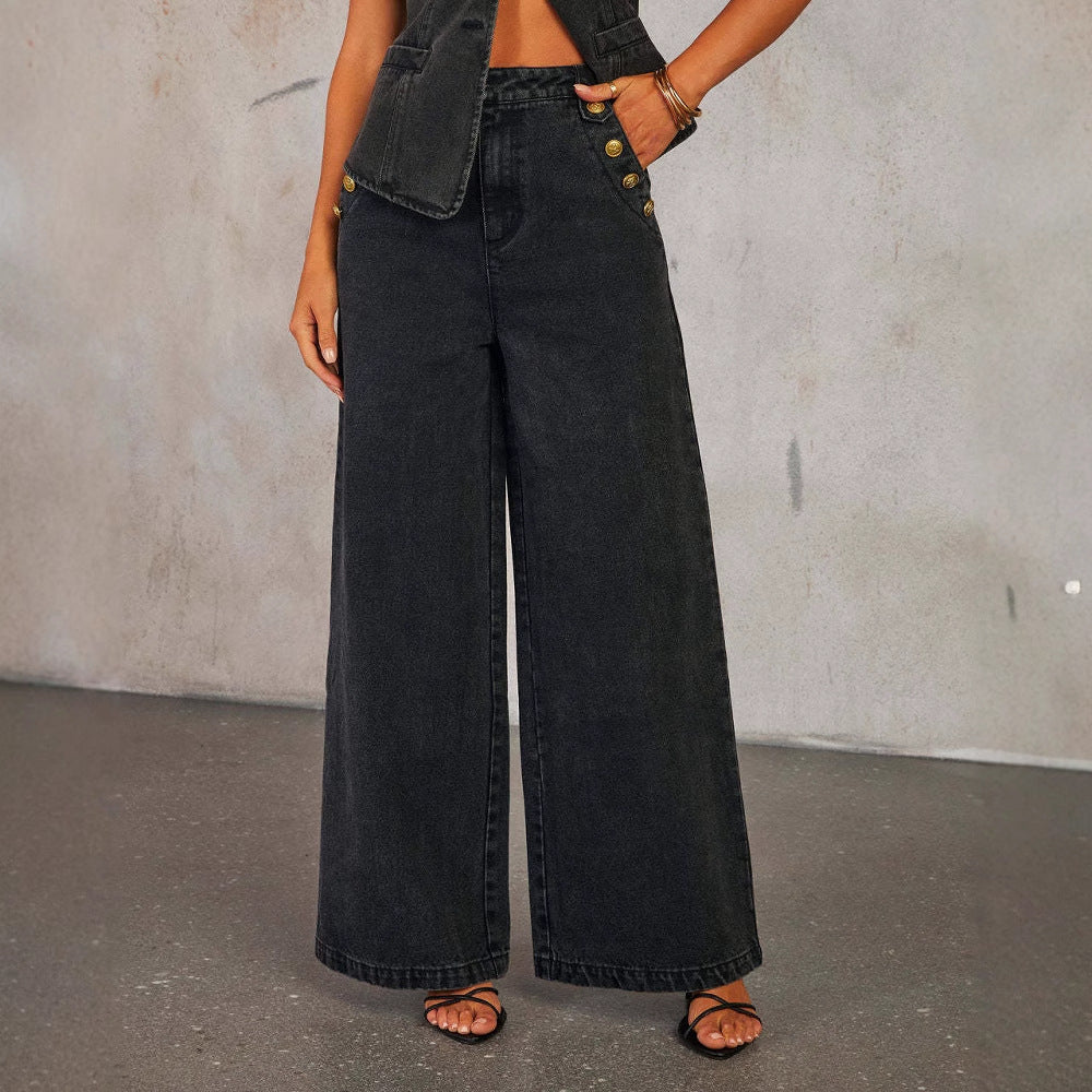 Women’s Denim Vest & Wide‑Leg Trousers Set Black Jeans
