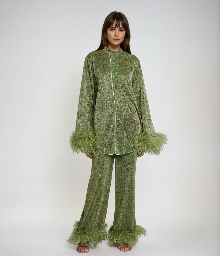 Satin Feather Collar Abaya Two Piece Set With Slip Elegant-MODAUTLET