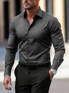 Men's Summer Solid Color Long Sleeve Lapel Shirt Lead Gray