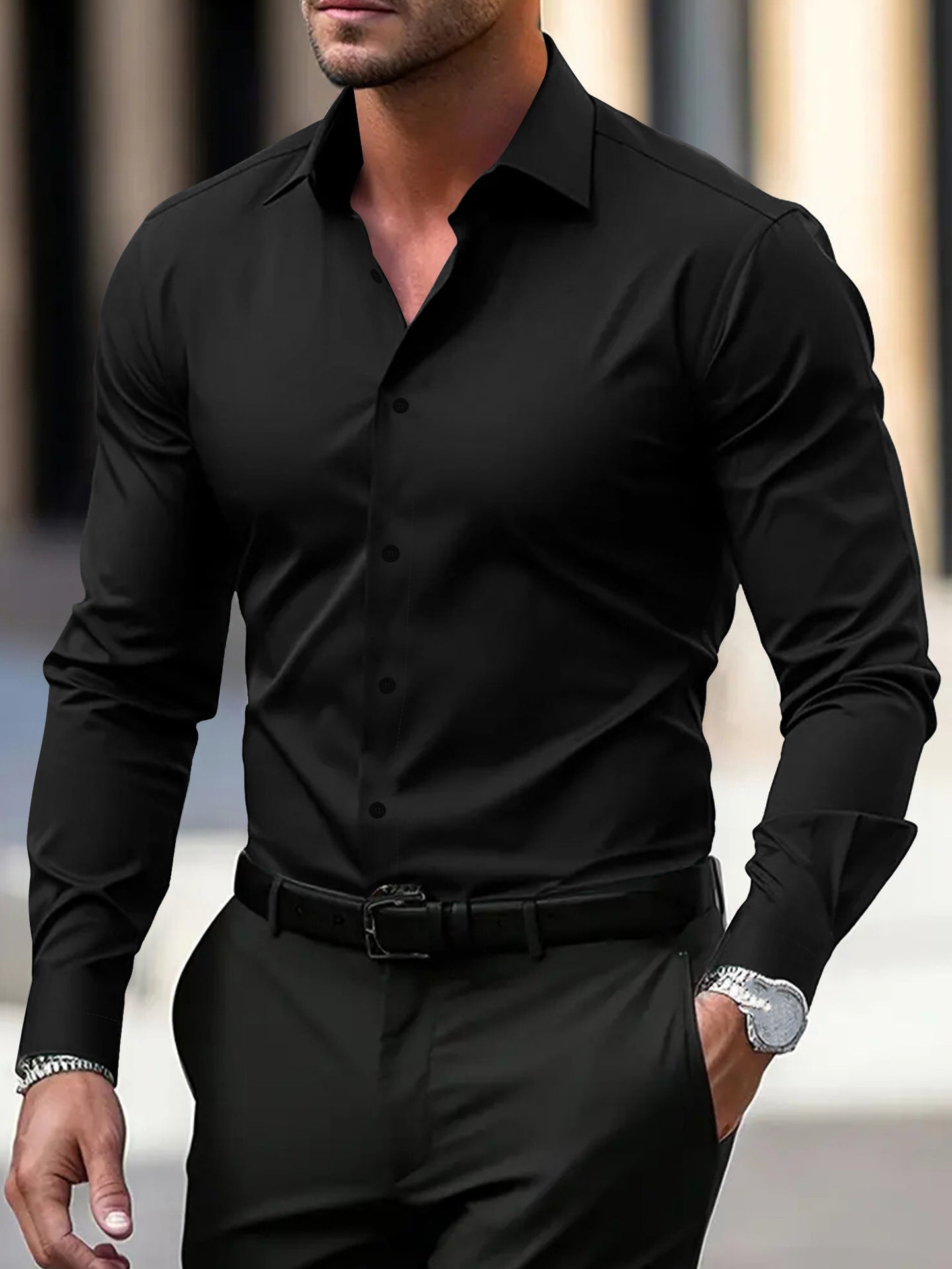 Men's Summer Solid Color Long Sleeve Lapel Shirt Black