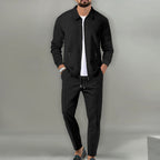 Men's Breathable Waffle Knit 2-Piece Set with Zippered Lapel Cardigan and Pants Black