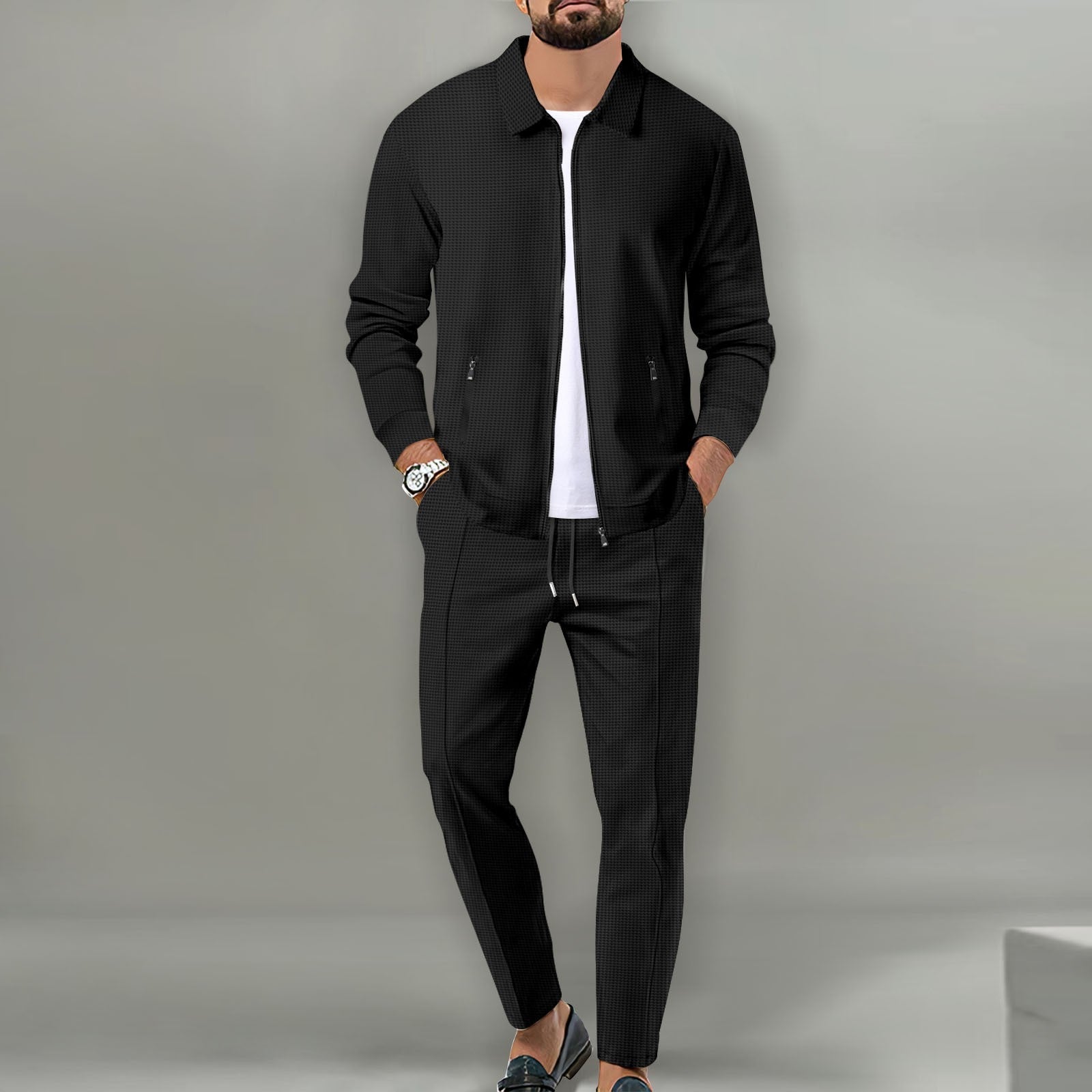 Men's Breathable Waffle Knit 2-Piece Set with Zippered Lapel Cardigan and Pants Black
