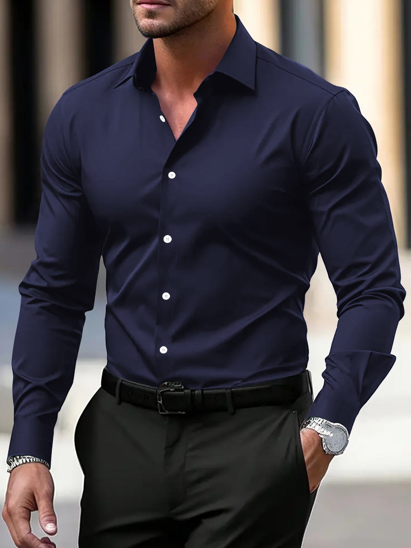Men's Summer Solid Color Long Sleeve Lapel Shirt Navy Blue