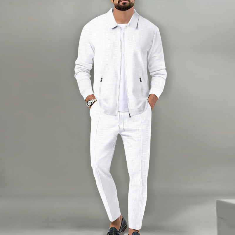 Men's Breathable Waffle Knit 2-Piece Set with Zippered Lapel Cardigan and Pants White