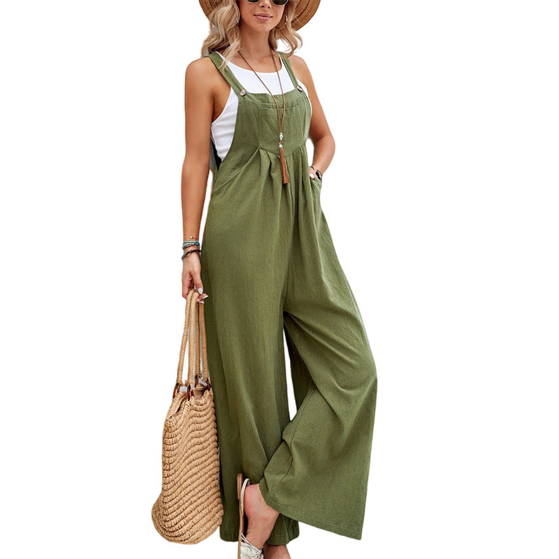 Damen Jumpsuit mit weitem Bein, ärmellos, mit Knopfträgern und Taschen