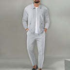 Men's Breathable Waffle Knit 2-Piece Set with Zippered Lapel Cardigan and Pants Grey