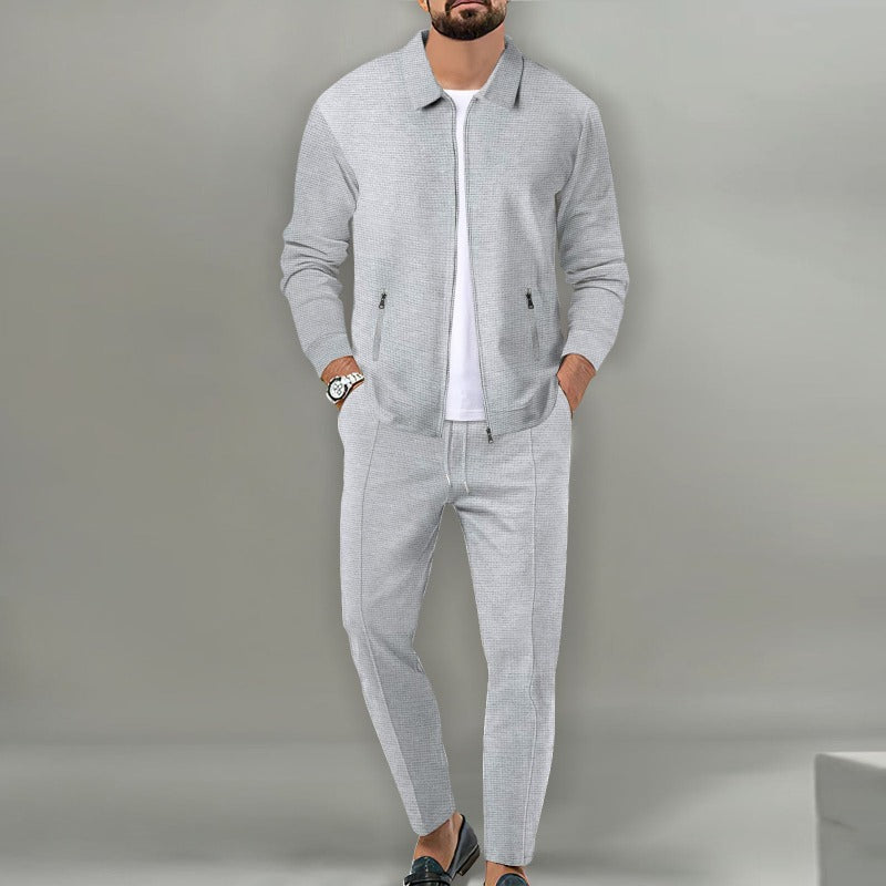 Men's Breathable Waffle Knit 2-Piece Set with Zippered Lapel Cardigan and Pants Grey