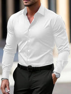 Men's Summer Solid Color Long Sleeve Lapel Shirt White