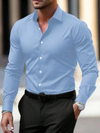 Men's Summer Solid Color Long Sleeve Lapel Shirt Sky Blue