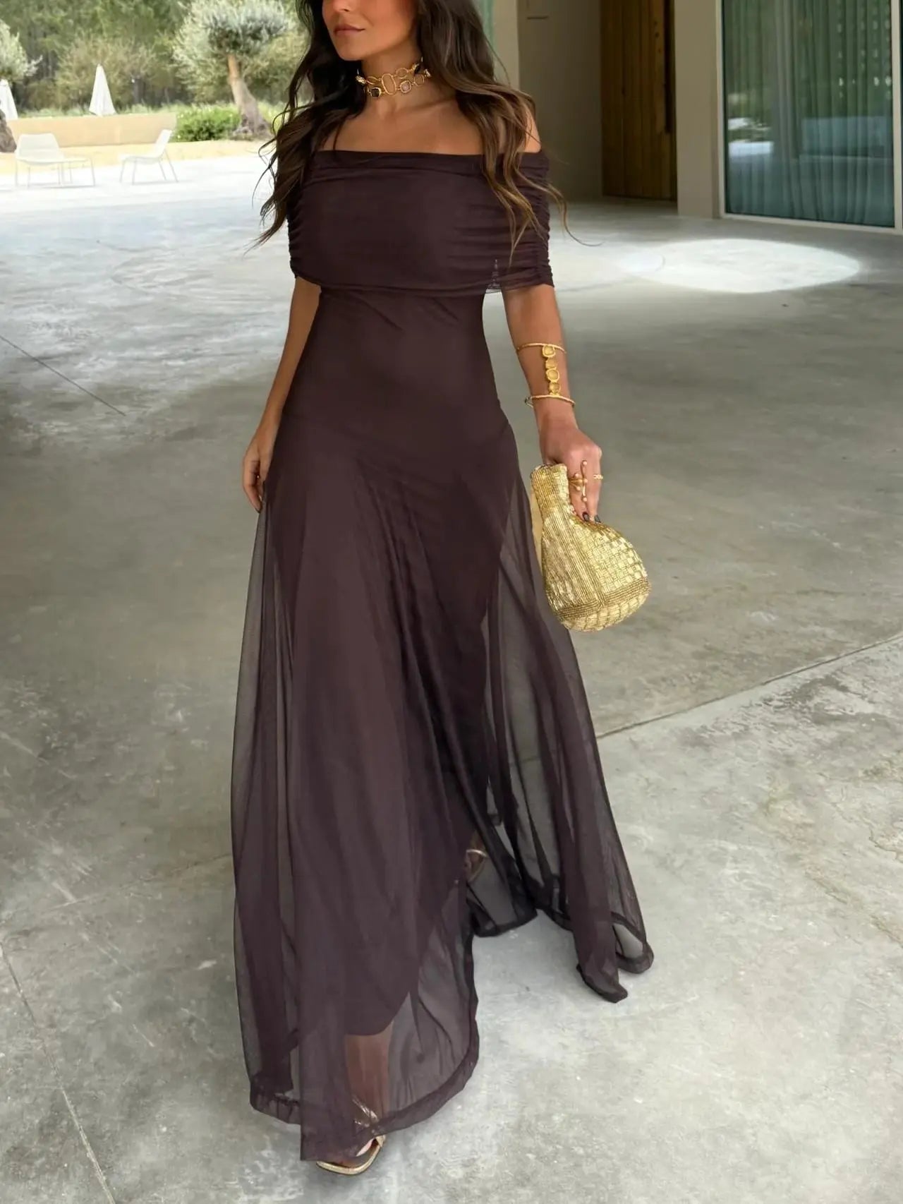 Women's Elegant Off-Shoulder Black Maxi Dress - Flowing Design Brown