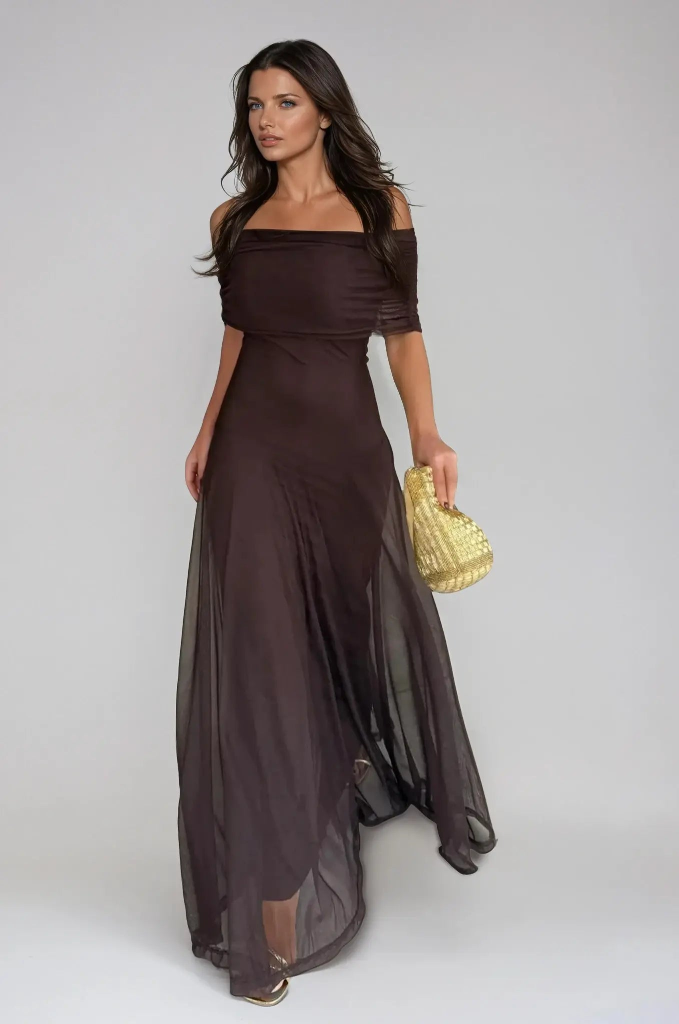 Women's Elegant Off-Shoulder Black Maxi Dress - Flowing Design