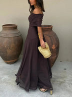 Women's Elegant Off-Shoulder Black Maxi Dress - Flowing Design