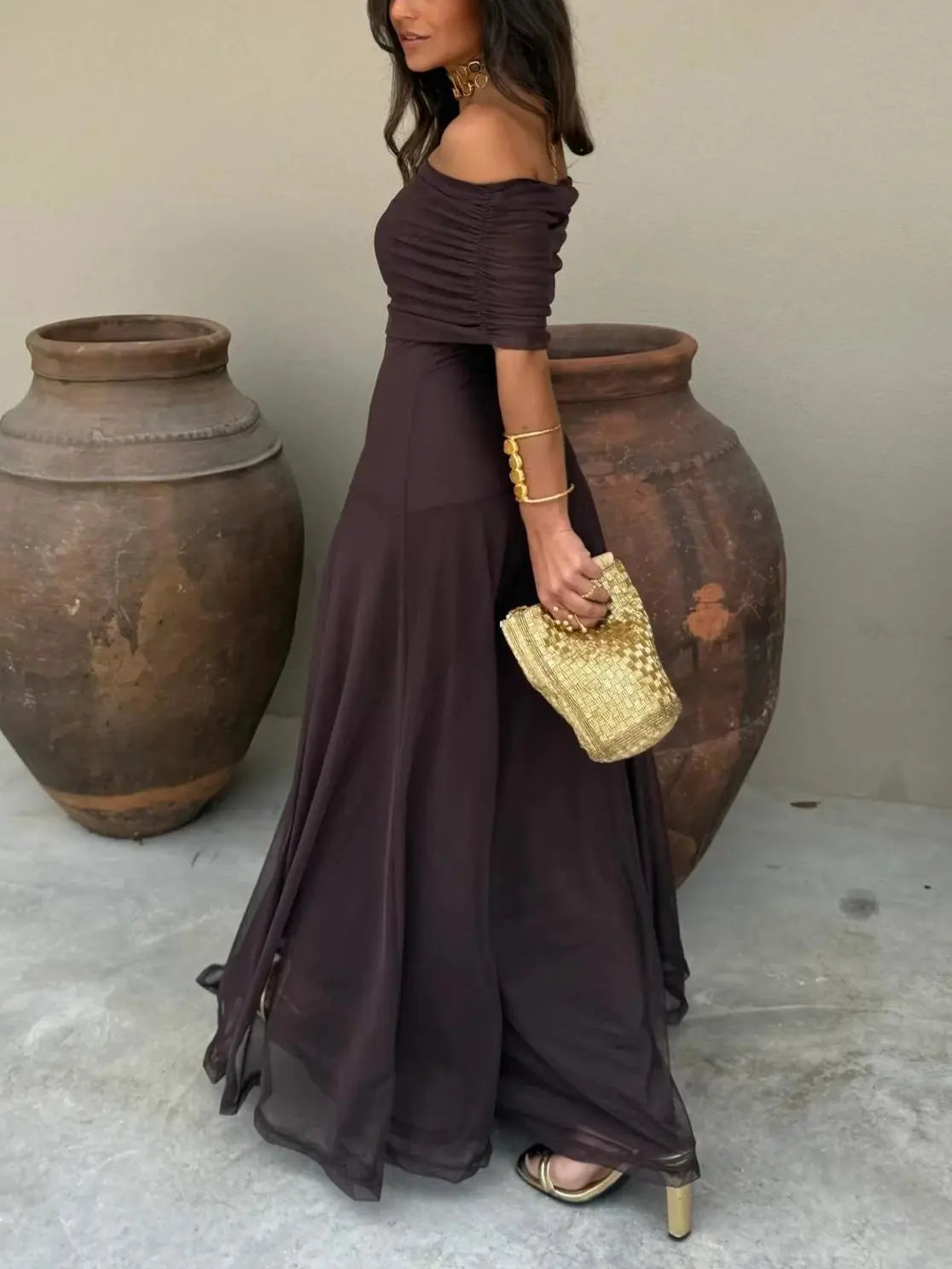 Women's Elegant Off-Shoulder Black Maxi Dress - Flowing Design
