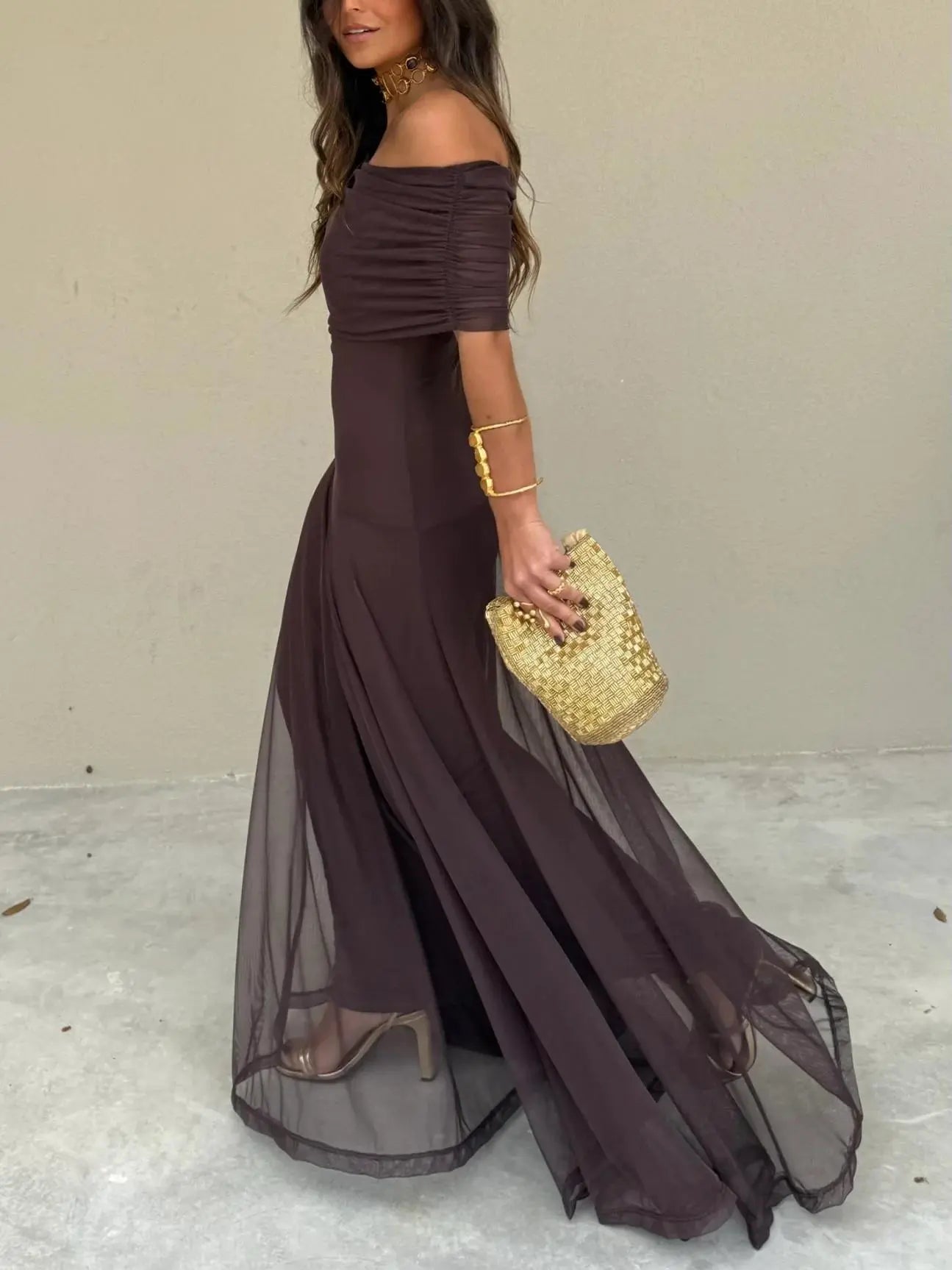 Women's Elegant Off-Shoulder Black Maxi Dress - Flowing Design