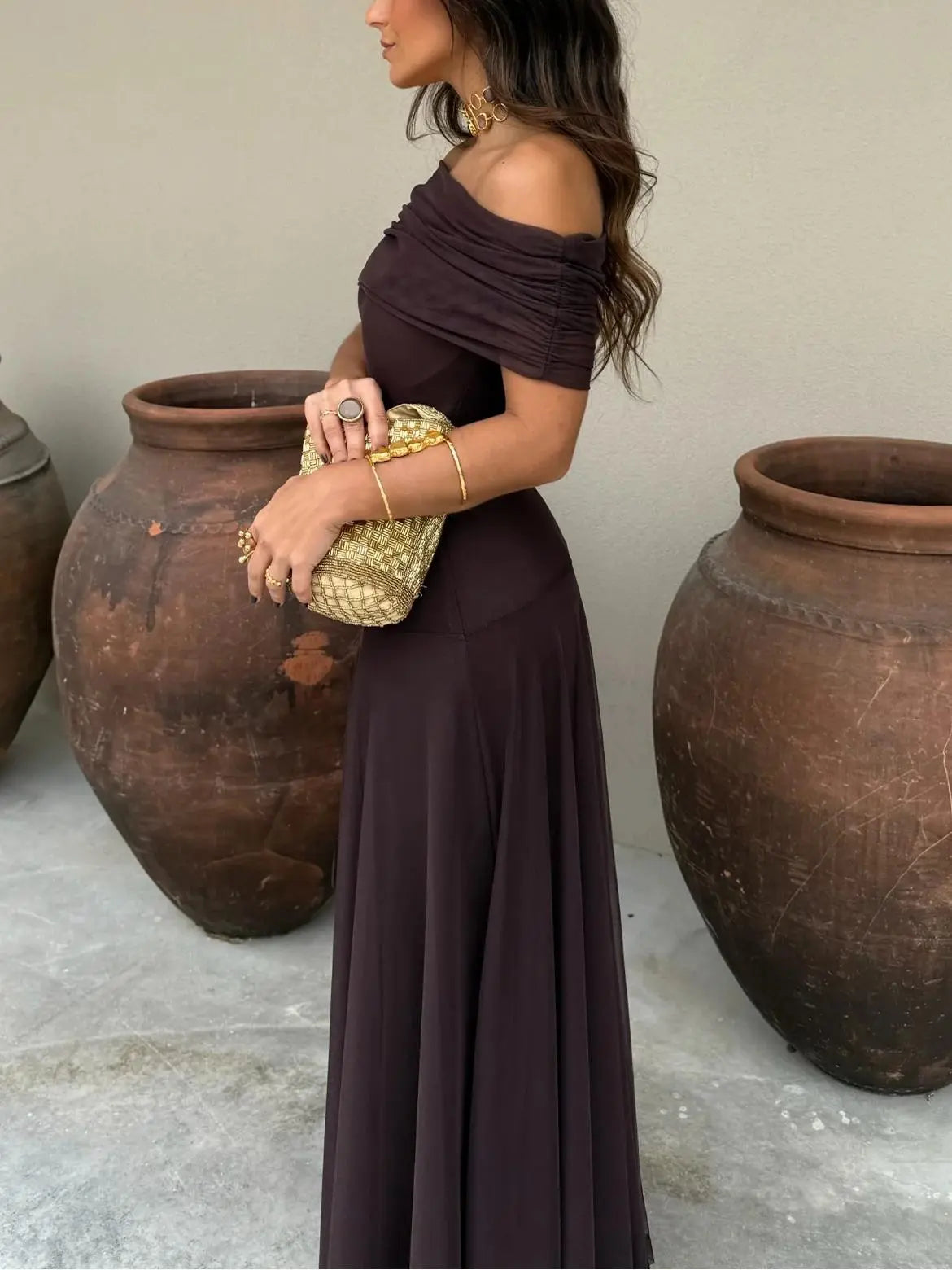 Women's Elegant Off-Shoulder Black Maxi Dress - Flowing Design