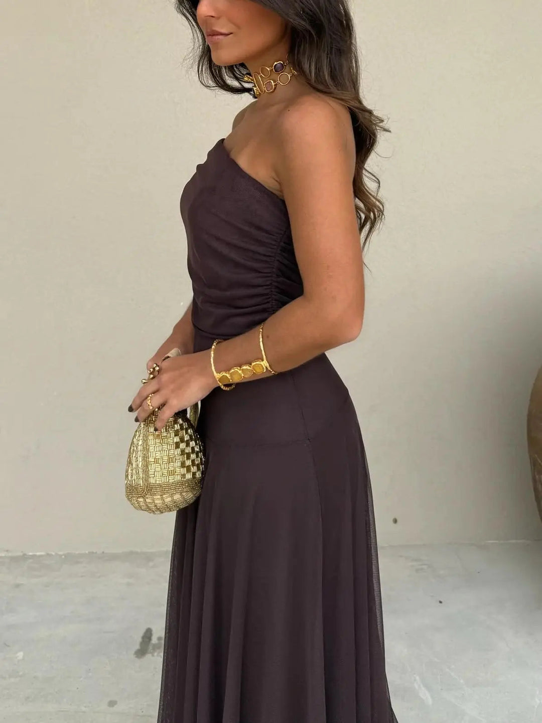 Women's Elegant Off-Shoulder Black Maxi Dress - Flowing Design-MODAUTLET