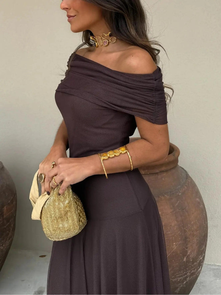 Women's Elegant Off-Shoulder Black Maxi Dress - Flowing Design-MODAUTLET