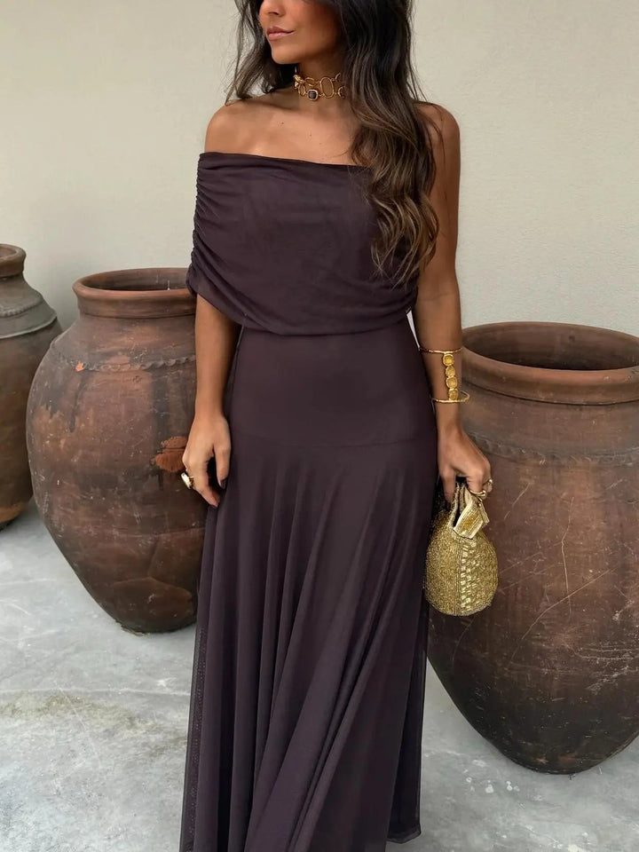 Women's Elegant Off-Shoulder Black Maxi Dress - Flowing Design-MODAUTLET