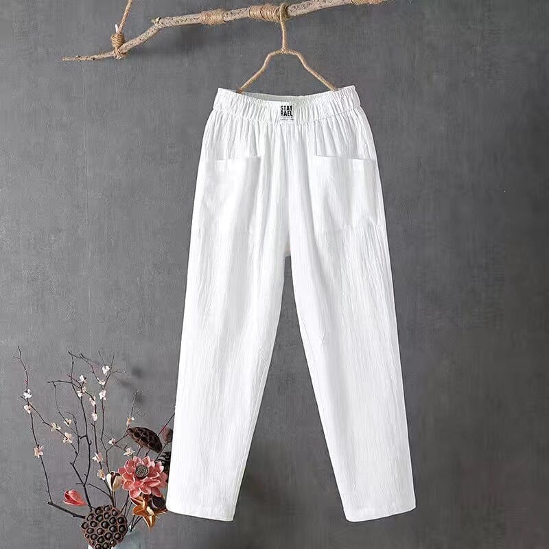 Women's Casual Linen Blend Pants with Elastic Waistband White