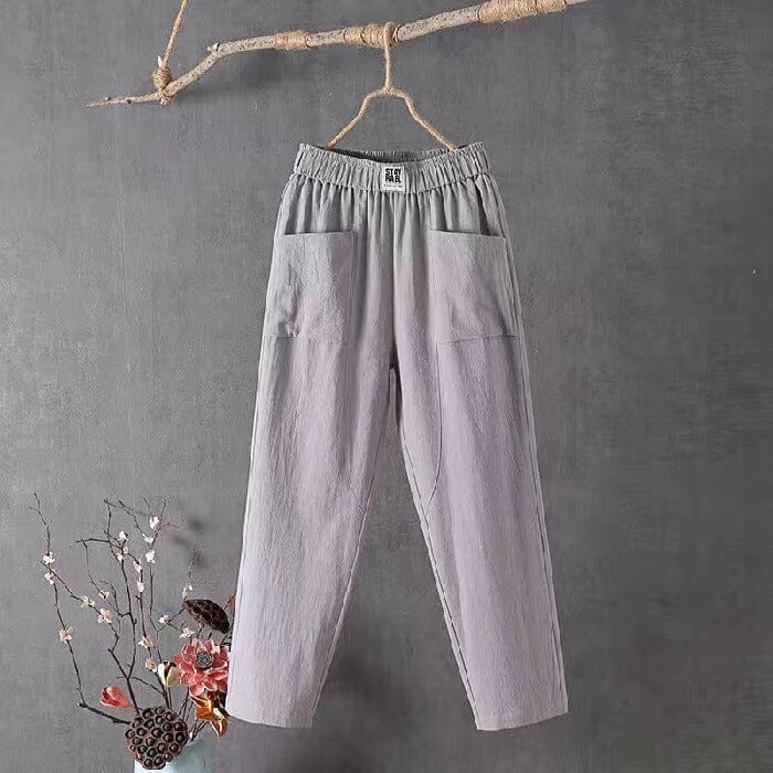 Women's Casual Linen Blend Pants with Elastic Waistband Grey