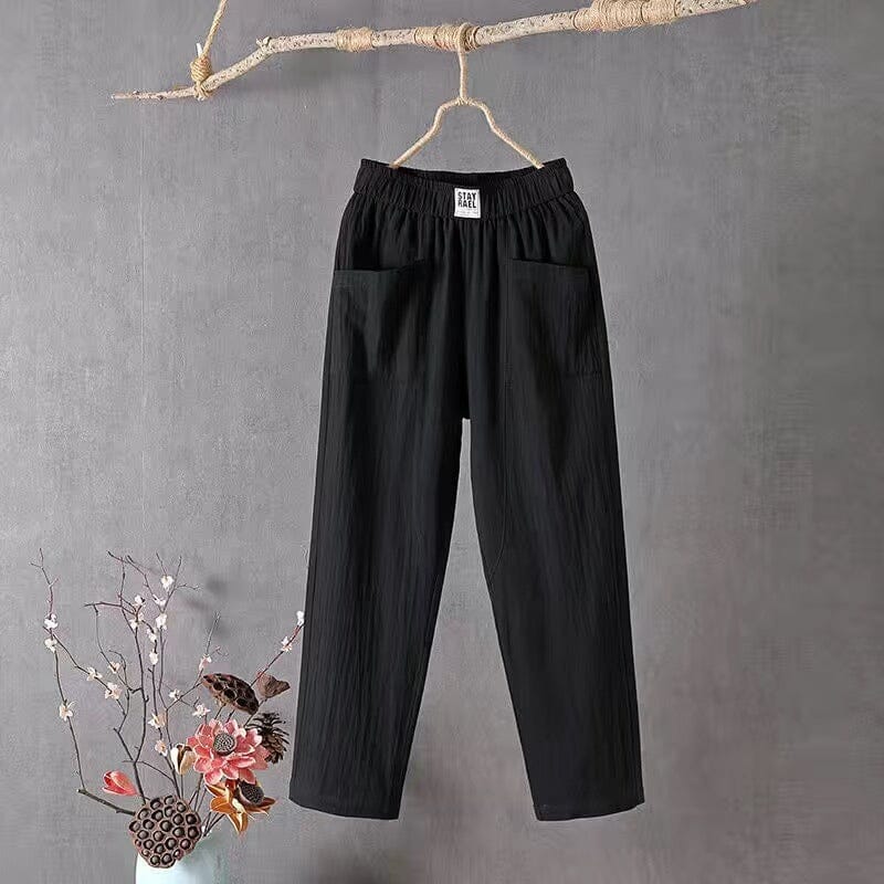 Women's Casual Linen Blend Pants with Elastic Waistband Black