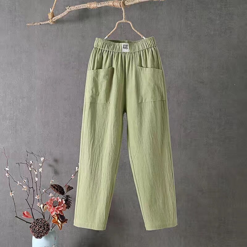 Women's Casual Linen Blend Pants with Elastic Waistband Green