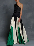 Women's Elegant Asymmetrical One-Shoulder Maxi Dress – Flowing Design Emerald Monochrome Elegance