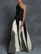 Women's Elegant Asymmetrical One-Shoulder Maxi Dress – Flowing Design Monochrome Wave Elegance