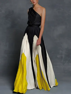 Women's Elegant Asymmetrical One-Shoulder Maxi Dress – Flowing Design Sunburst Monochrome Elegance