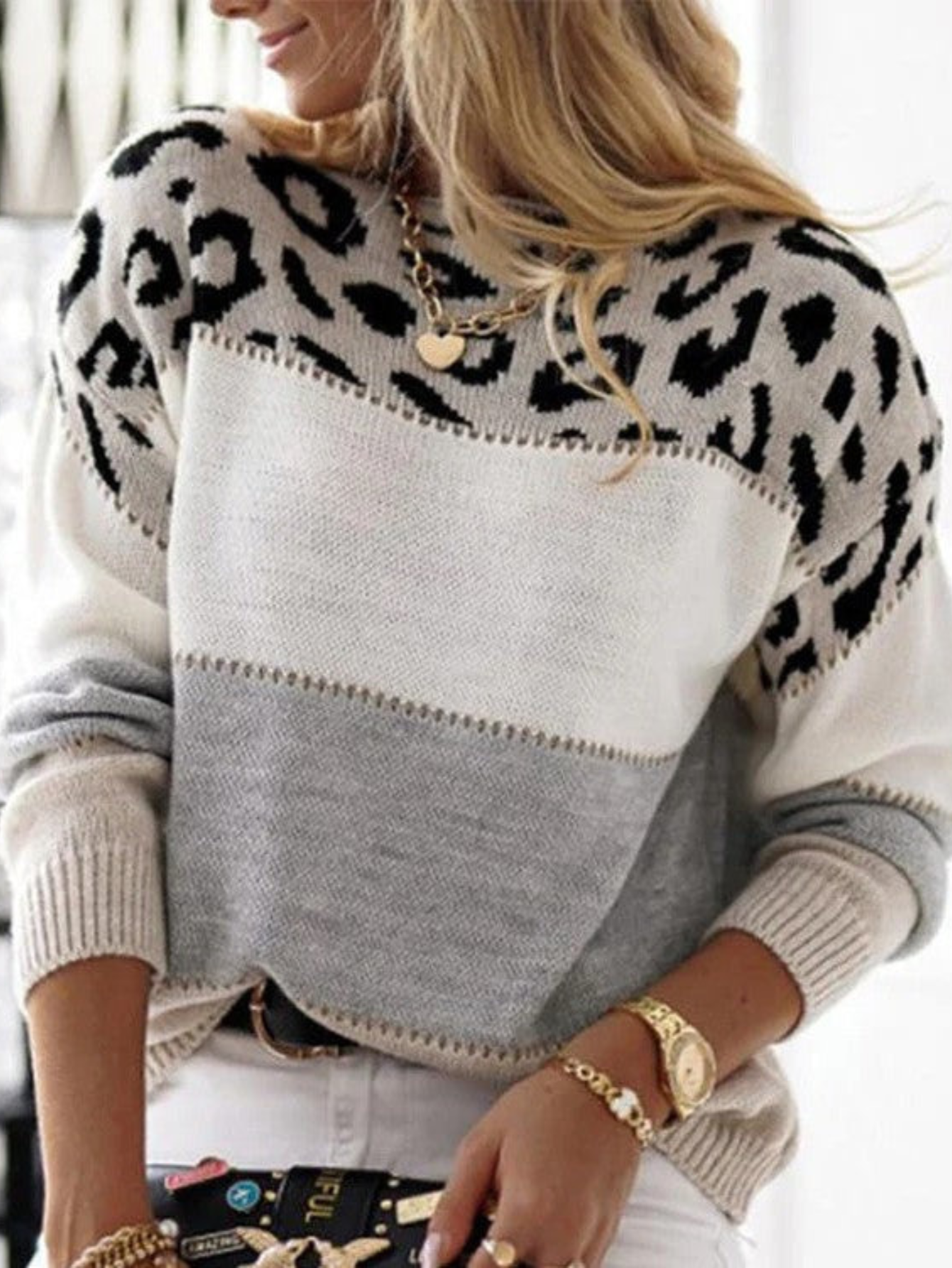 Women's Chic Leopard Color-Block Sweater Gray