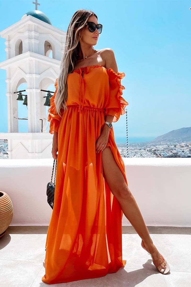 Vestido Maxi Boho Feminino em Laranja e Turquesa