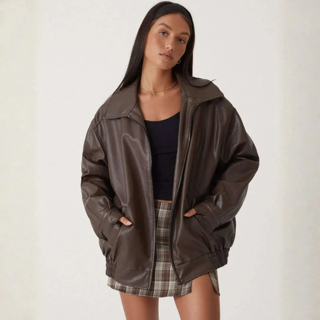 Oversized Faux Leather Full-Zip Jacket Brown