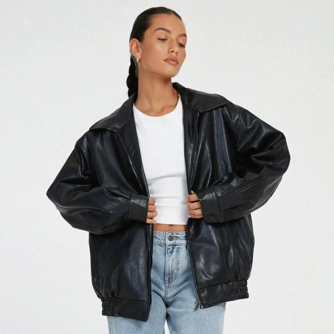 Oversized Faux Leather Full-Zip Jacket Black