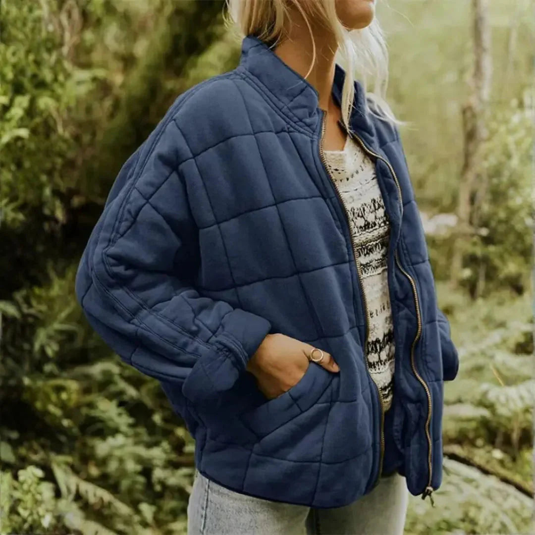 Oversized Quilted Fleece Zip Jacket Navy