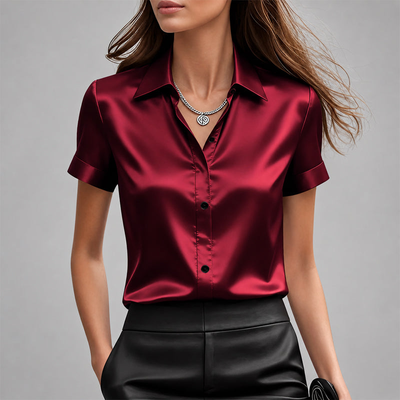 Paige | Women's Satin-Look Short Sleeve Button-Down Top-MODAUTLET