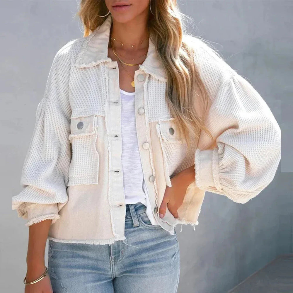 Patchwork Denim Jacket with Waffle-Knit Design White