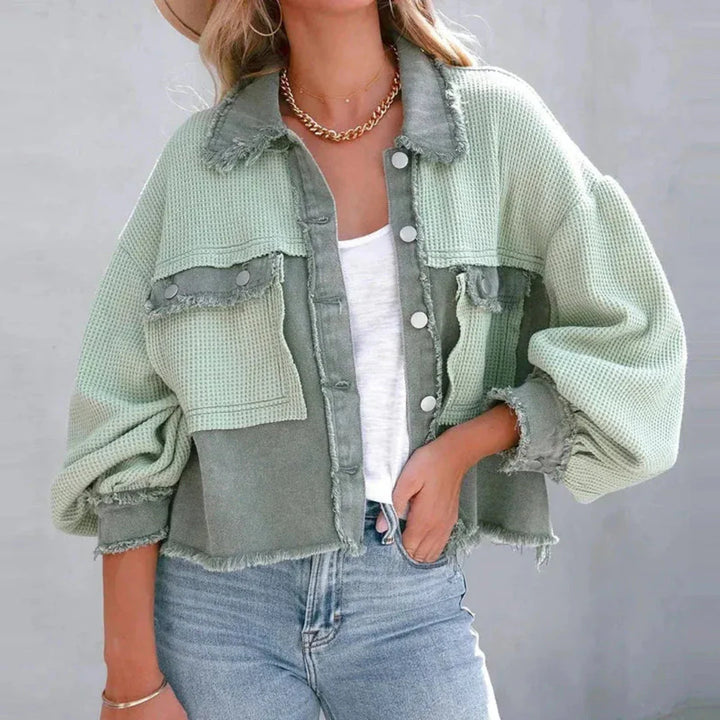 Patchwork Denim Jacket with Waffle-Knit Design Green