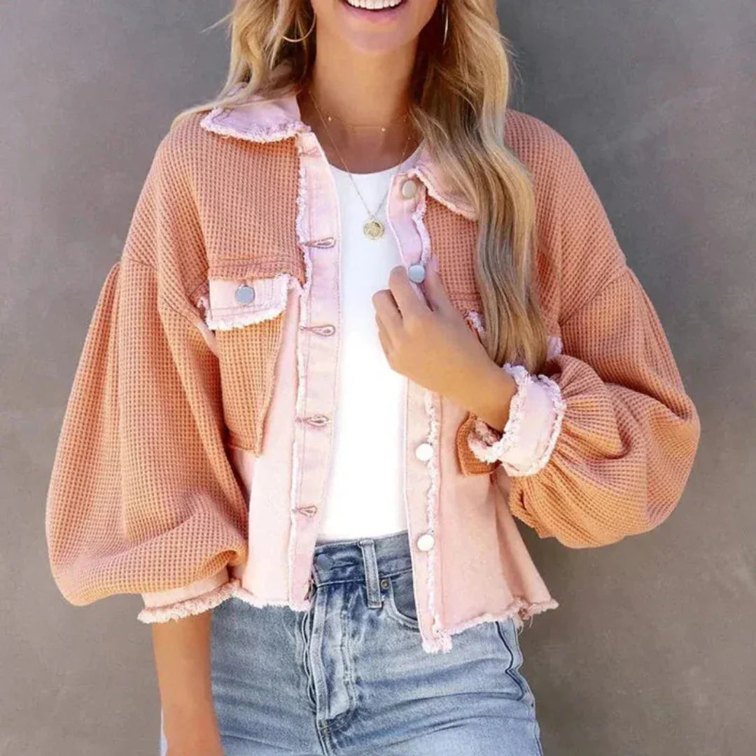 Patchwork Denim Jacket with Waffle-Knit Design Pink