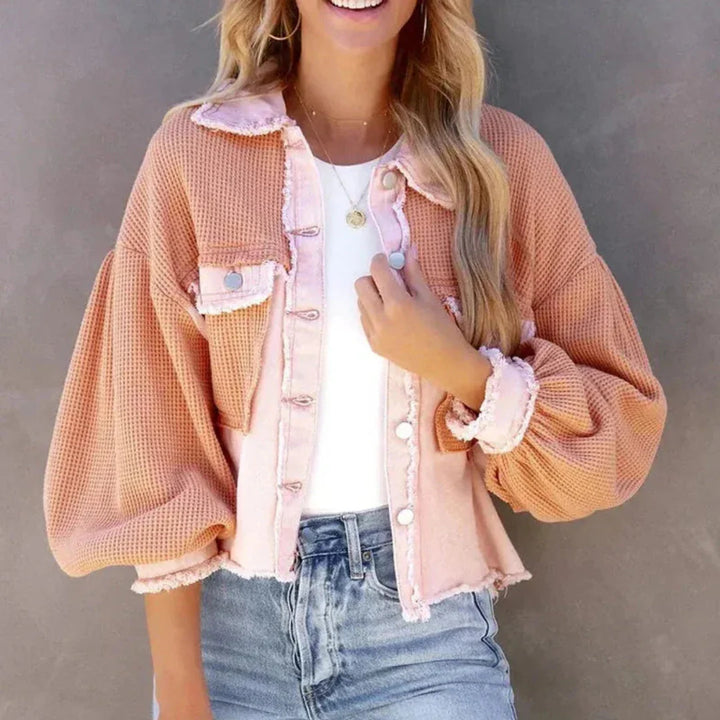 Patchwork Denim Jacket with Waffle-Knit Design Pink