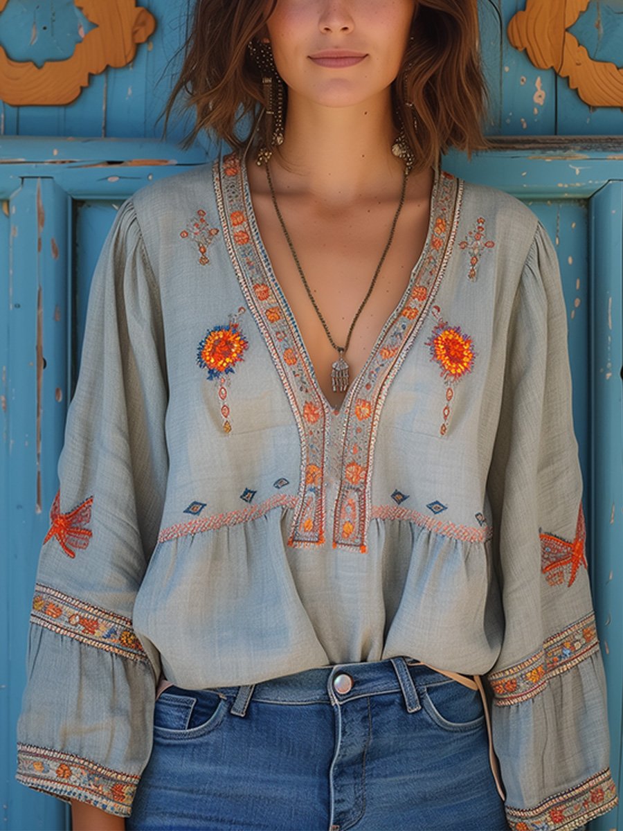 Penelope | Women's Bohemian Embroidered V-Neck Top Light Blue