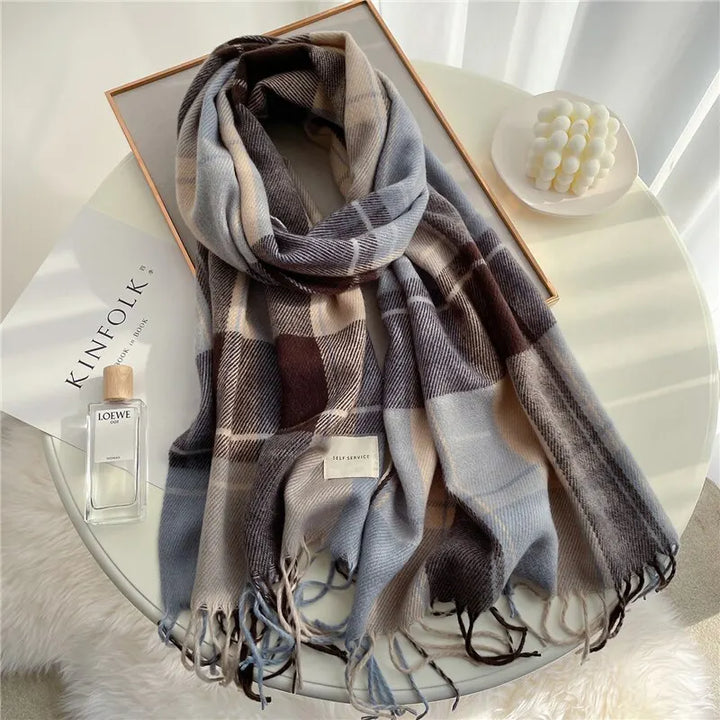 Plaid Velour Cashmere Scarf Ash Gray