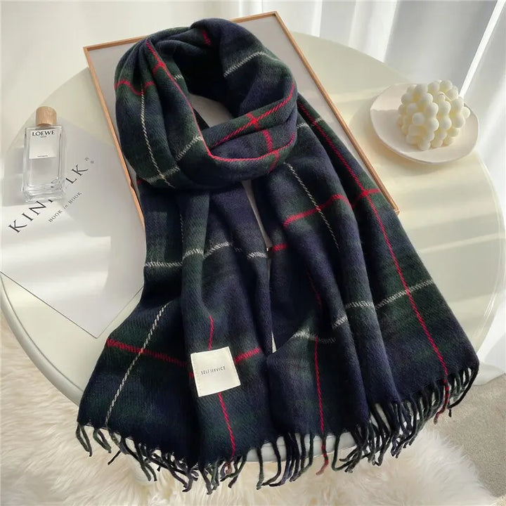 Plaid Velour Cashmere Scarf Midnight Navy
