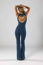 Deep V-Neck Flare Denim Jumpsuit