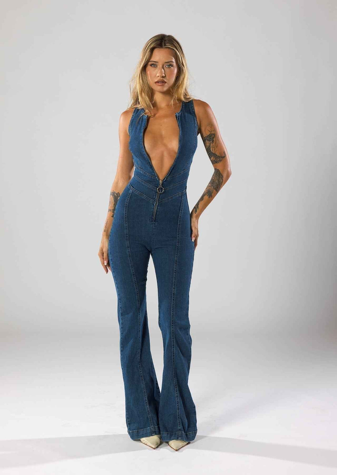 Deep V-Neck Flare Denim Jumpsuit-MODAUTLET