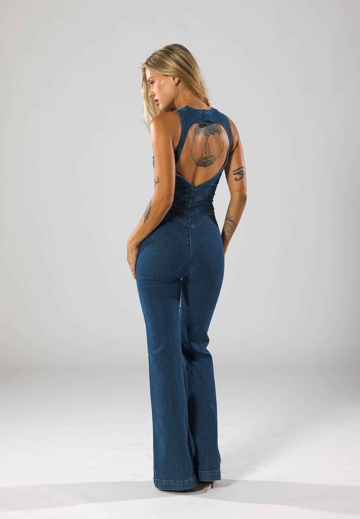 Deep V-Neck Flare Denim Jumpsuit