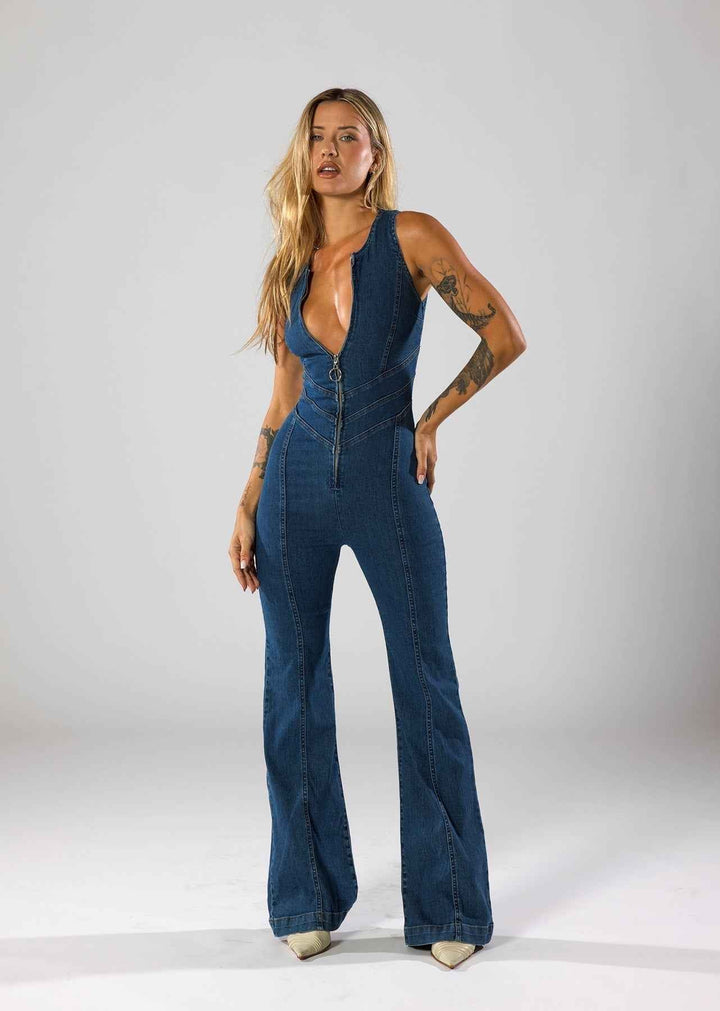 Deep V-Neck Flare Denim Jumpsuit-MODAUTLET